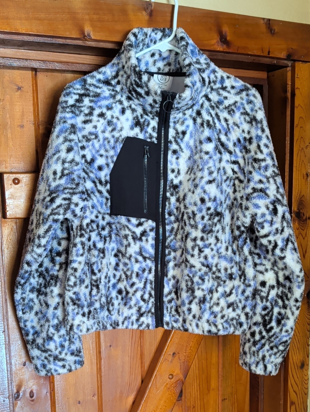 Women's White, Blue & Black Leopard Fleece Jacket with Zip Pocket